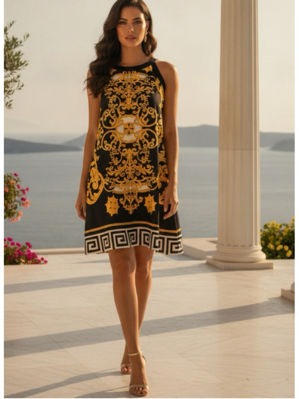 Voir Voir Baroque Print Sleeveless Shift Mini Dress Women’s Size 16 Black & Gold